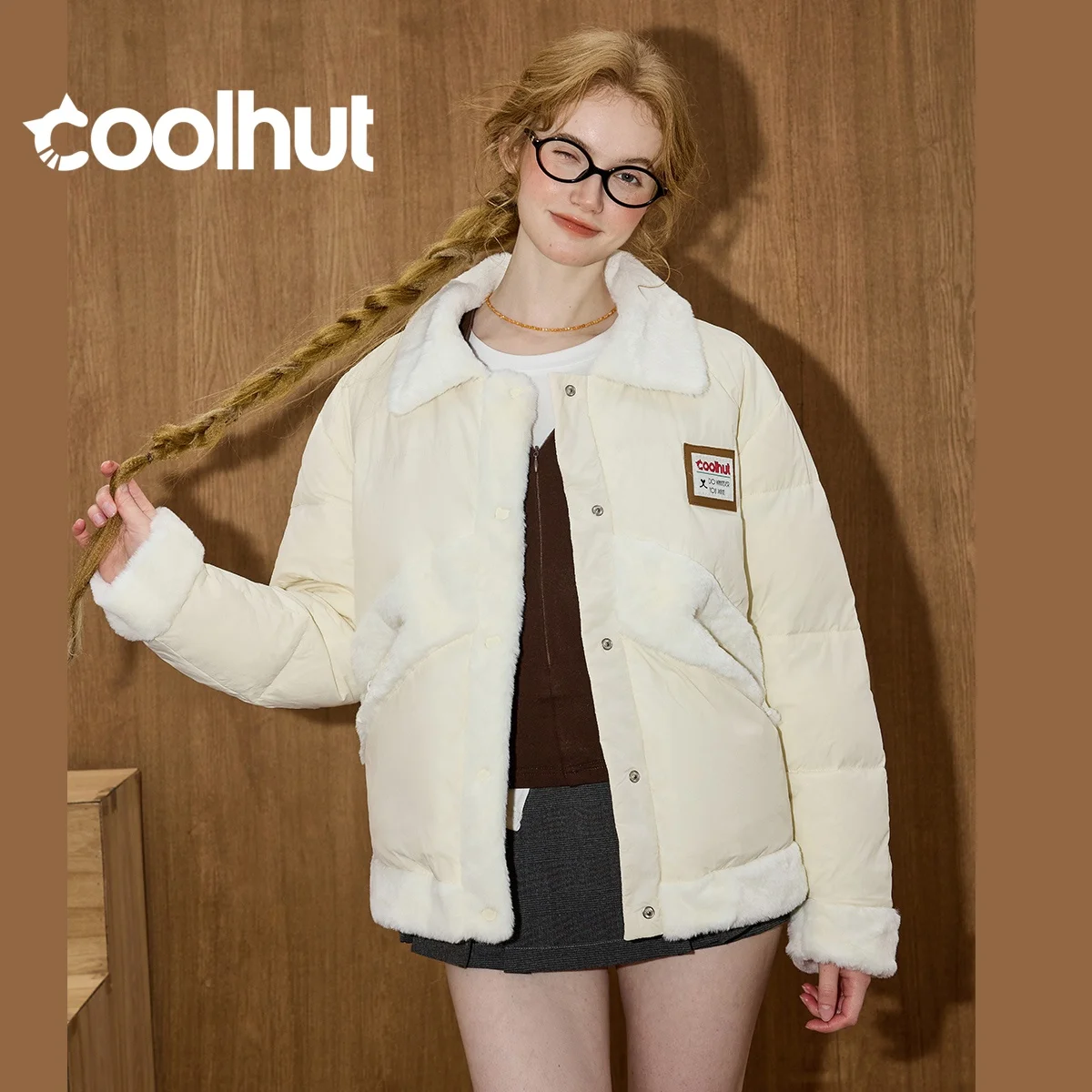 COOLHUT 2025 Winter Women's 90% Down Lapel Parka Faux Shearling Accent Puffer Relaxed Quilted Jacket Plush Thermal Lining