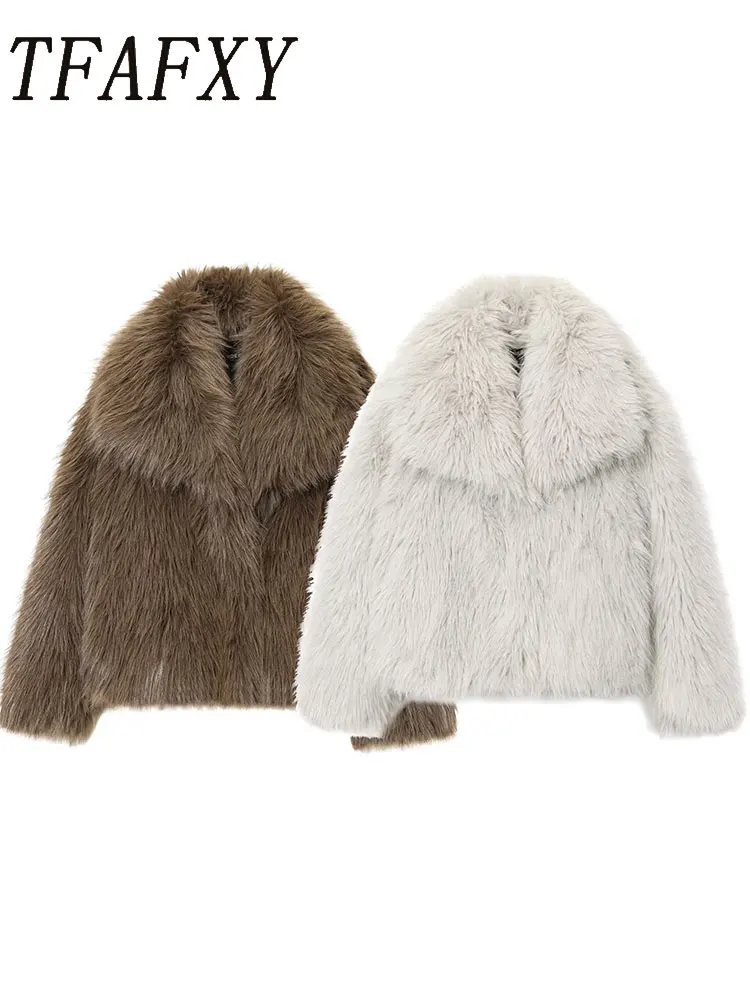 

TFAFXY 2025 зимние теплые свободные куртки из искусственного меха для женщин, свободное пальто с воротником-стойкой и длинными рукавами, шикарная женская новая верхняя одежда ﻿