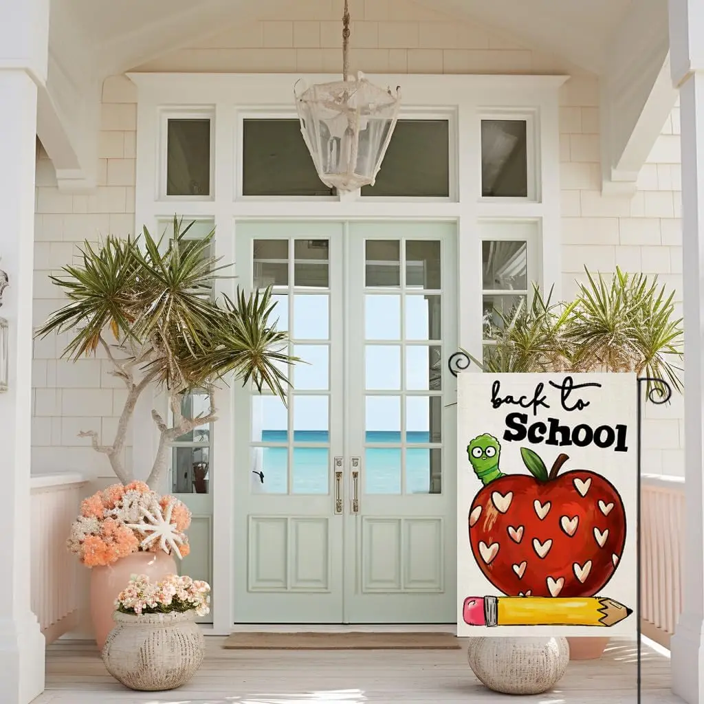 Back to School Garden Flags for Outside, Apple Pencil First Day of School Yard Decoration, Small Outdoor Celebration Decor f yyi