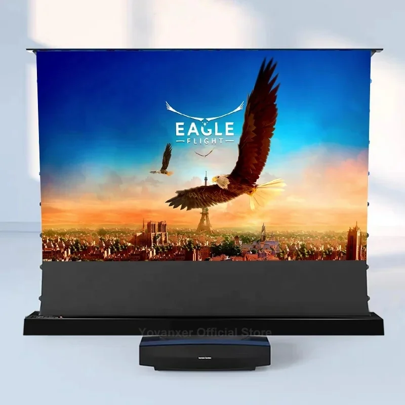 [UST Floor Rising Screen] 84Inch Motorized Electric Tab Tension ALR Ambient Light Rejecting for Daytime 4k 3D Projector