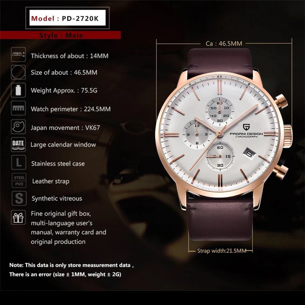 PAGANI DESIGN Men's Fashion Casual Brand Watch Waterproof 30m Luxury Leather Sports Quartz Chronograph VK67 Relogio Masculino