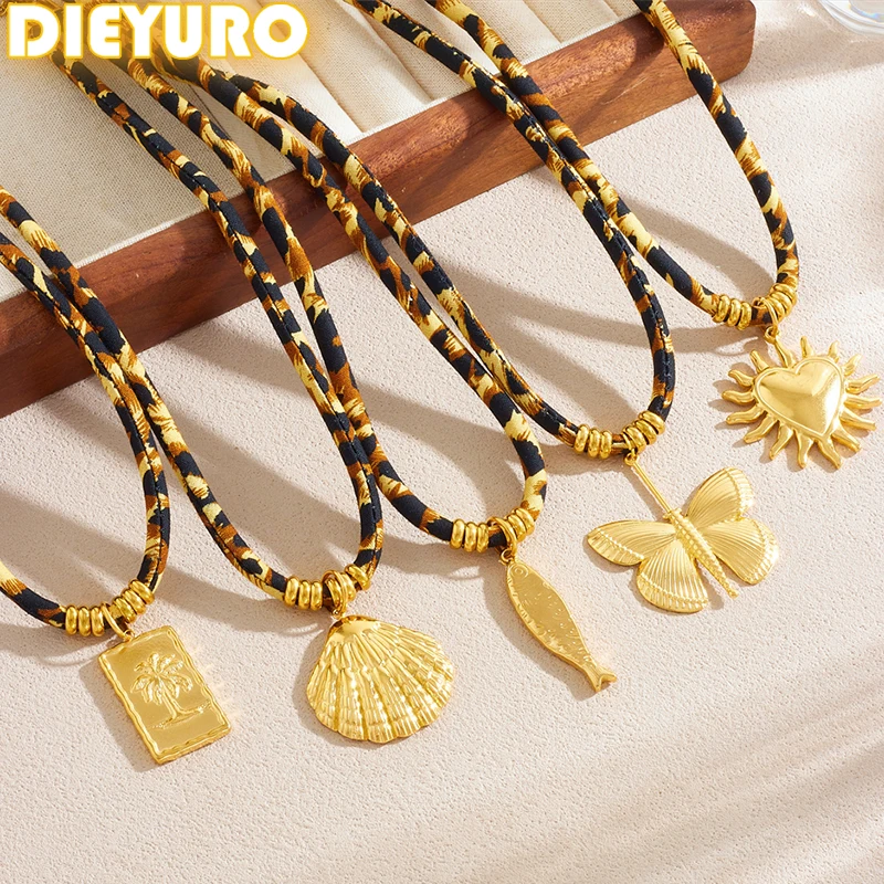 

DIEYURO 316L Stainless Steel Butterfly Shell Heart Pendant Personalized Rope Chain Necklace Women New Chic Neck Chain Jewelry