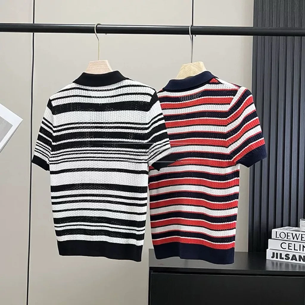 Fashionable Striped Short Sleeve T-Shirt Women's Casual Versatile Flip Collar Stripe Design Commute Style Breathable Sweat Ab...