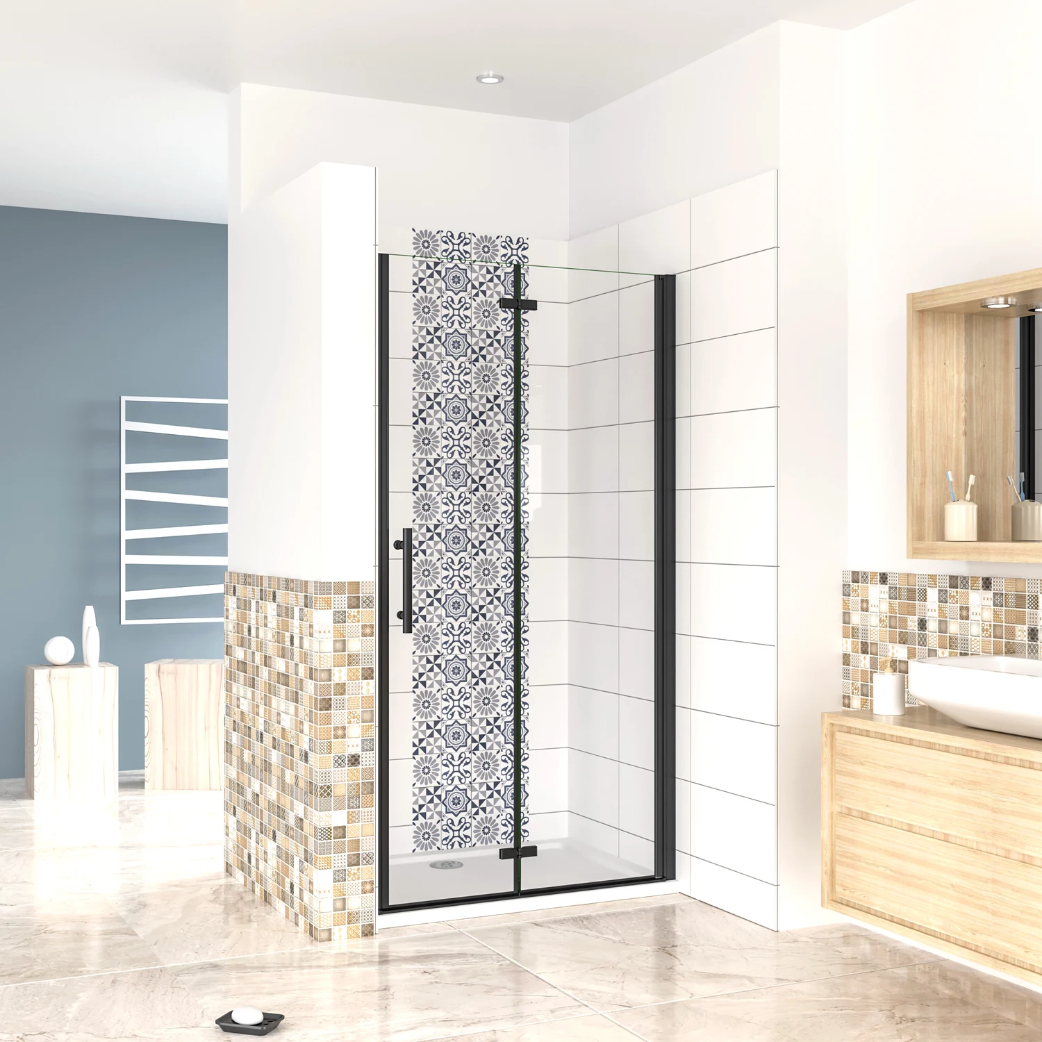 Porta Doccia per Nicchia 70 76 80 90 100 110 120 cm H.190cm Apertura Battente Pieghevole in Vetro Temperato Trasparente 5 mm Anticalcare Telaio Nero Opaco