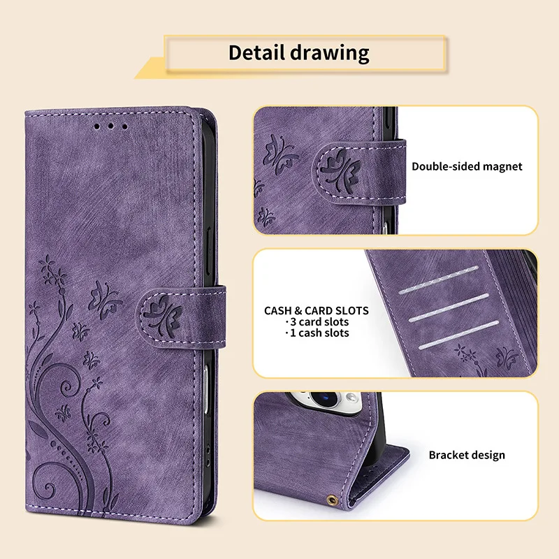 Butterfly Flower Vine Leather Wallet Case For Samsung Galaxy Wide 7 6 Quantum 4 Buddy 5 3 2 Jump Magnetic Clip 3 Card Flip Cover
