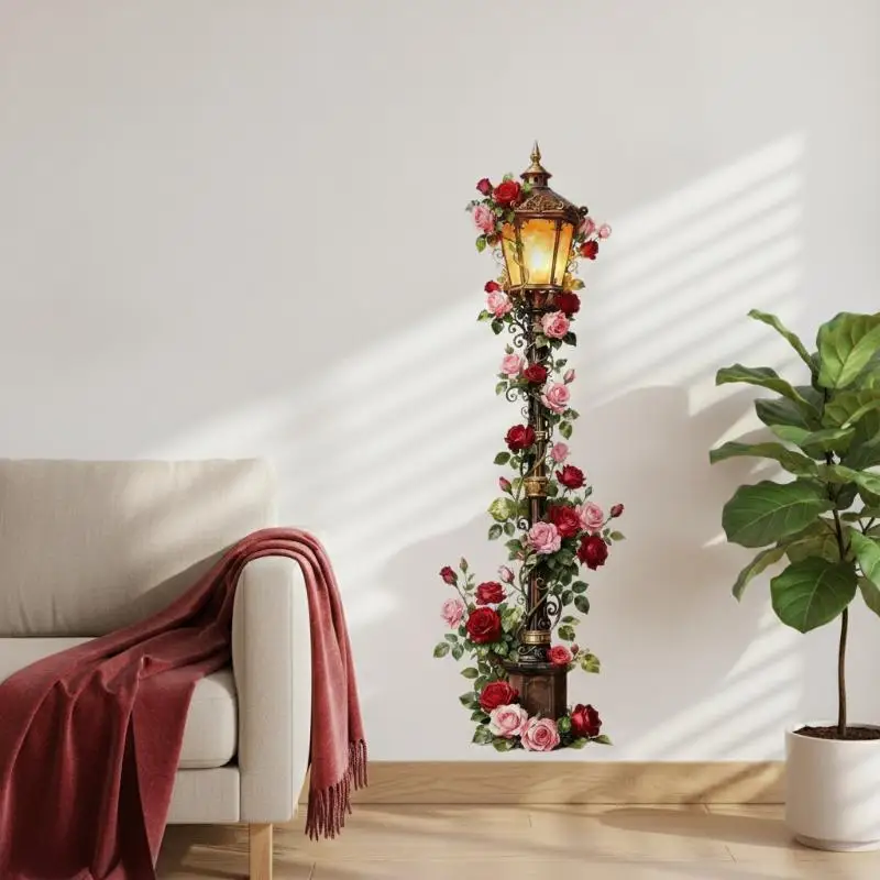 Vintage Street Lamp Rose Wall Decal Easy Peel & Stick Realistic Flower Decor for Hotel Cafe Shop Wall Decoration