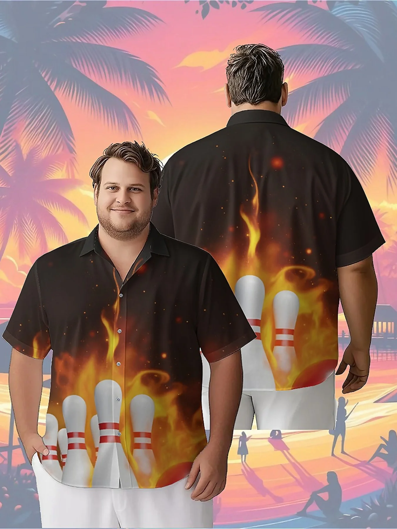 

Men's Plus Size Hawaiian Shirts Flames and Bowling Pattern, Unisex Aloha Shirts,New in Summer Tops Tee,streetwear