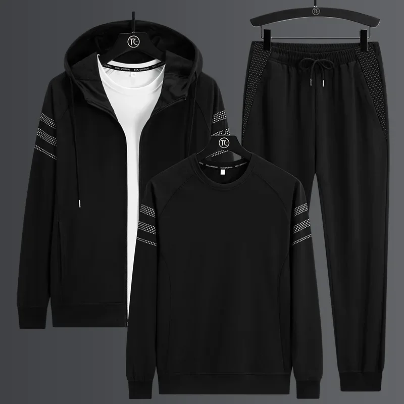 

Новый мужской кардиган с капюшоном, весенне-осенний костюм для спорта и отдыха, брюки, универсальный мужской полосатый комплект из трех предметов