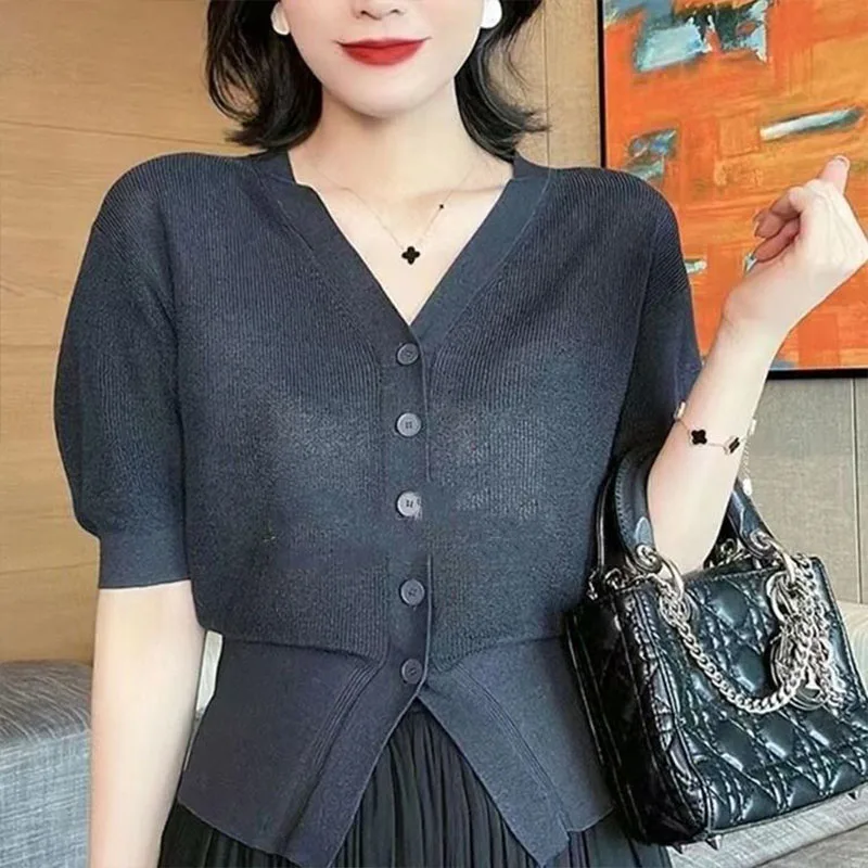 Summer Sweet French V-neck Knit Cardigan Women Clothing Fashion All-match Solid Slim T-shirt Office Lady Button Sweater Tops