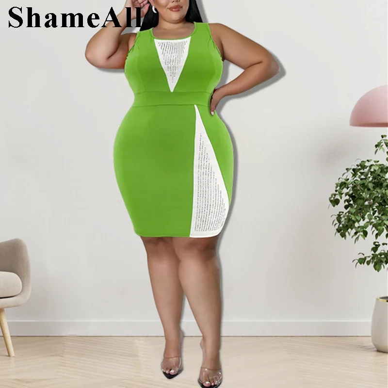 Plus Size Sequined Patchwork Sleeveless Bodycon Knee Length Dress 4xl Summer Color Blocking Green Club Party Outfits Midi Dress