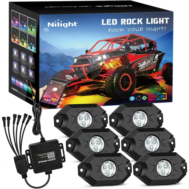 

RGB LED Rock Lights Kit, 6 Pods Underglow Multicolor Neon Light Pod with Bluetooth App Control Flashing Music Mode IP68 Exterior