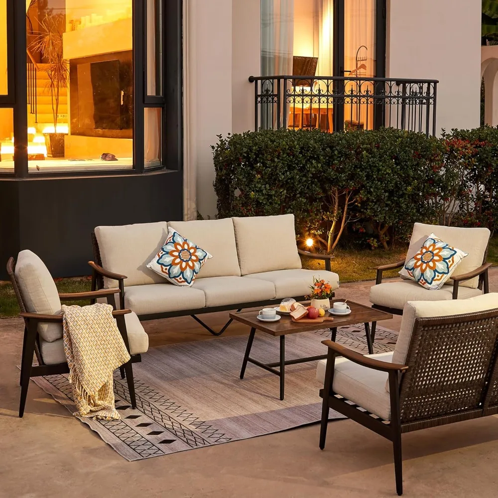 

Patio Sofa Outdoor Furniture Metal Chair with Wicker Backrest & 6 Inches Cushion for Indoor, Front Porch,Deck,Balcony, Backyard