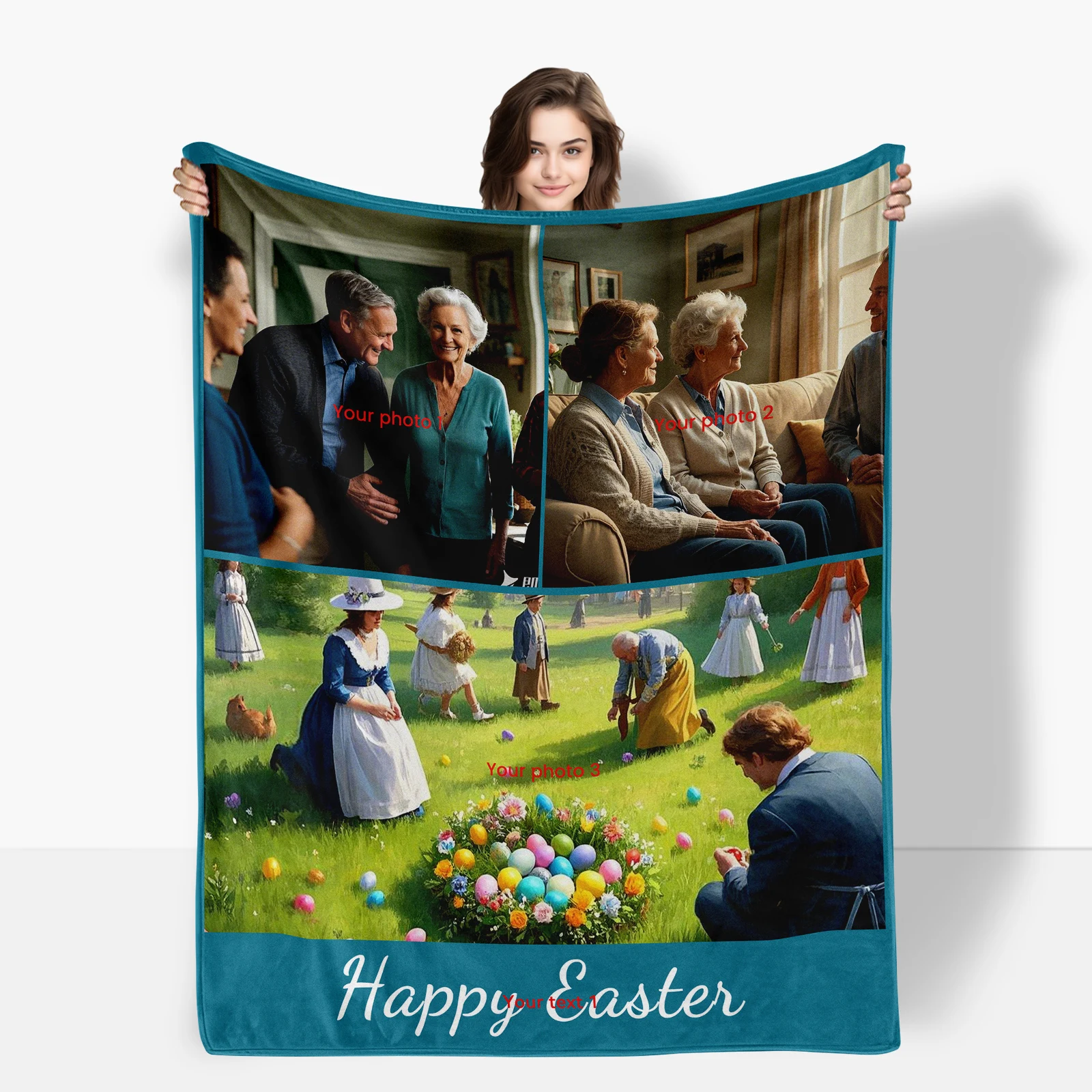 Unique Easter Flannel Blanket Allowing Three Custom Images And One Personalized Text For Family And Friends