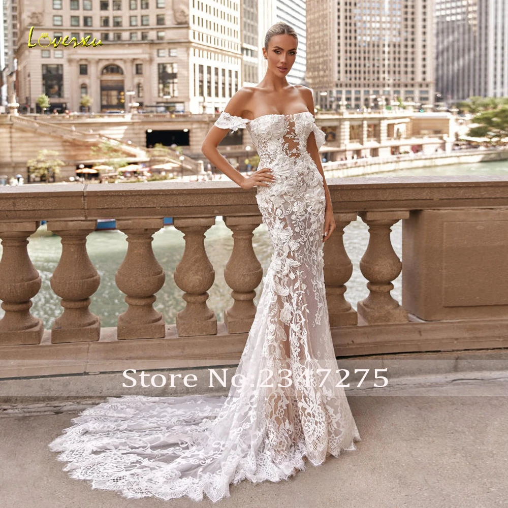Loverxu حورية البحر فساتين زفاف أنيقة قارب الرقبة البوق فيستدو دي نوفيا الدانتيل والتطريز خمر مخصص فستان زفاف