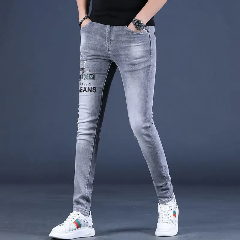 New Hot Diamond Luxury Fashion Denim Jeans Men High-end Embroidery Casual Slim Stretch Trousers Spring Autumn Streetwear Pants