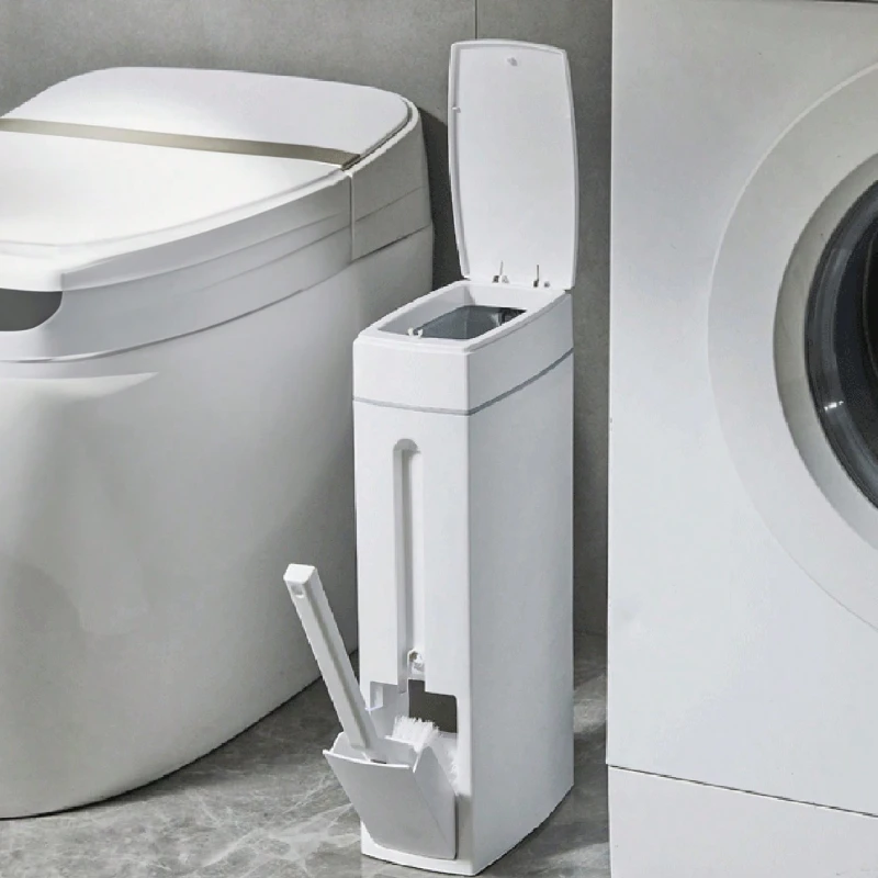 Trash Can for Narrow Spaces with Cleaning Brushes Lid Toilet Brush Bathroom Waste Bins Foldable Bin