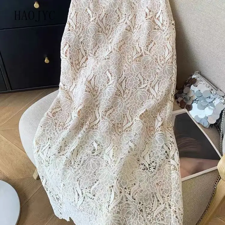 

three-dimensional embroidery elegant skirt medium and long H fashion light and mature style high waist hip skirt lace Z