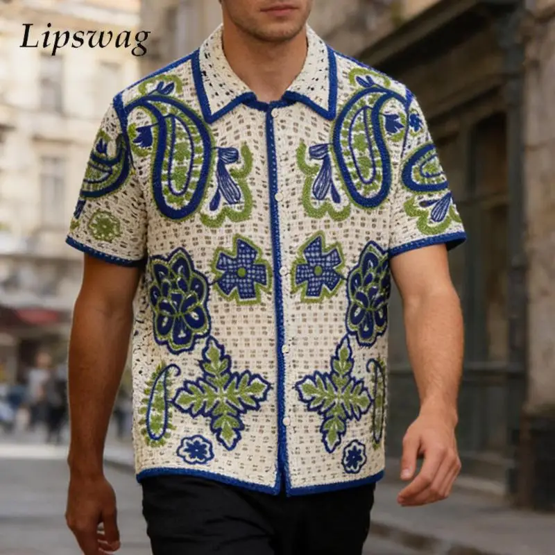 

Summer Casual Short Sleeve Hollow Out Shirts Men Vintage Buttoned Lapel Knitting Shirt Sexy Men See Throguh Knitted Cardigan Top