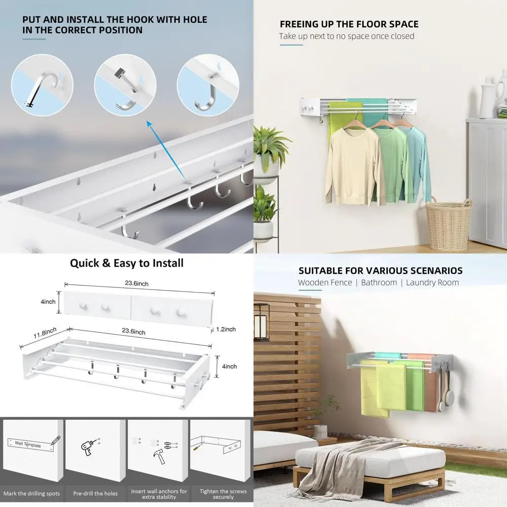 

Wall-Mounted Foldable Laundry Rack, 60 lb Capacity, 4 Aluminum Poles, 8 Hooks, White, Space-Saving Design