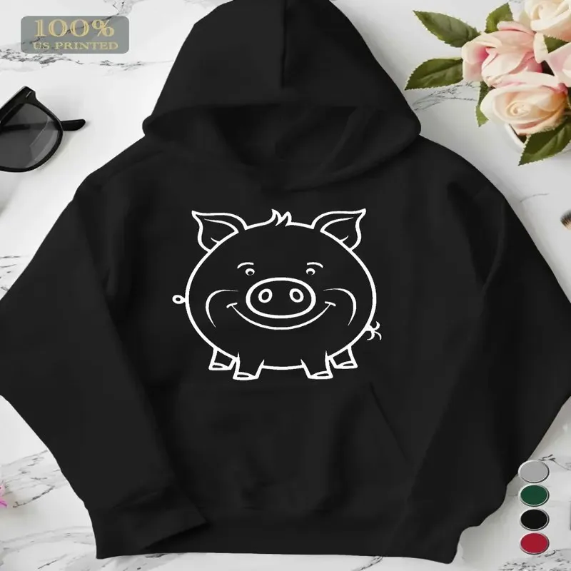 

Winter Autumn Women Plus Size Sweatshirt Female Clothes Smiling Pig White Animal Cute Art Design Graphic Long Sleeve Trendy Y2k