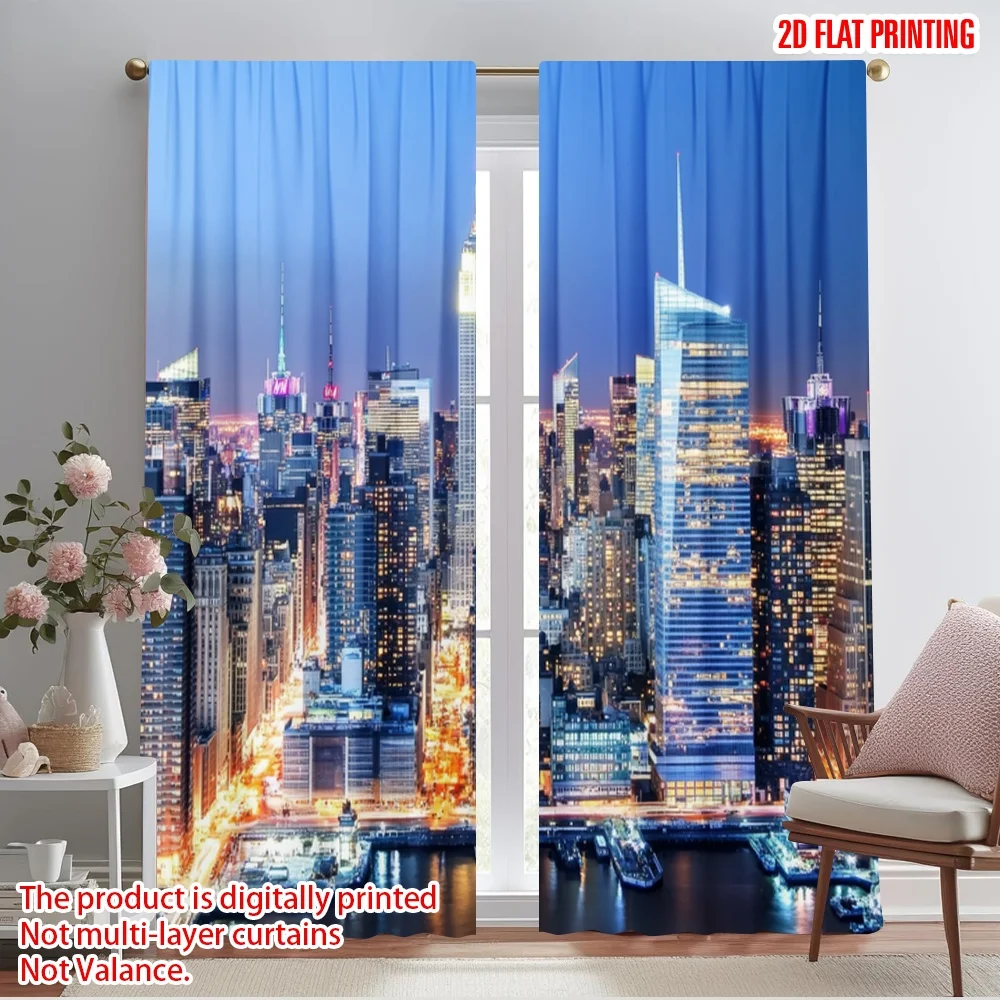 

2pcs,2D plane printing Light Filtering Curtains NYC Skyline Night Versatile Fabric (without rod) Decorations Inside Use for