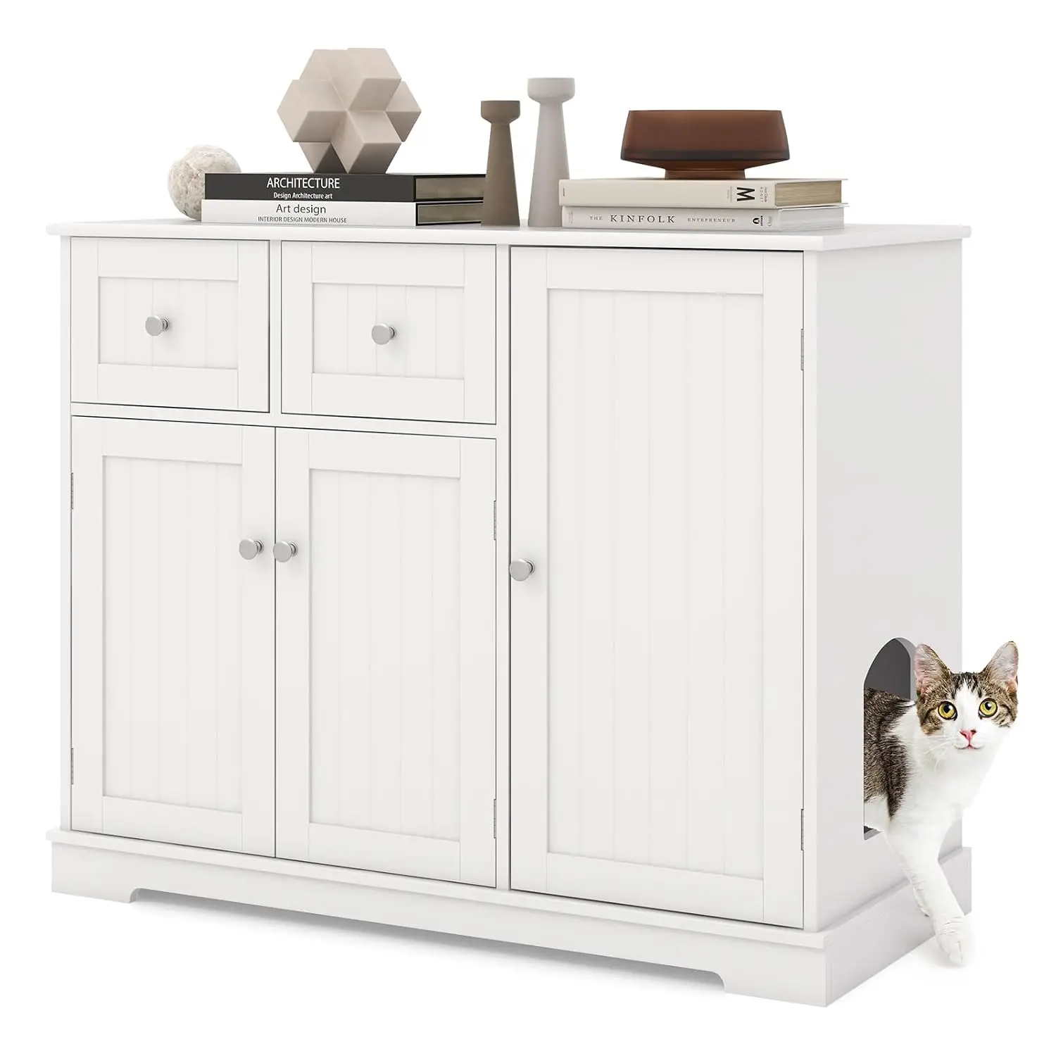 Litter Box Enclosure, 40 Inch Enclosed Cat Box Cabinet with 2 Storage Drawers, 3 Doors & 2 Entrances, Hidden Cat Washroom, Moder