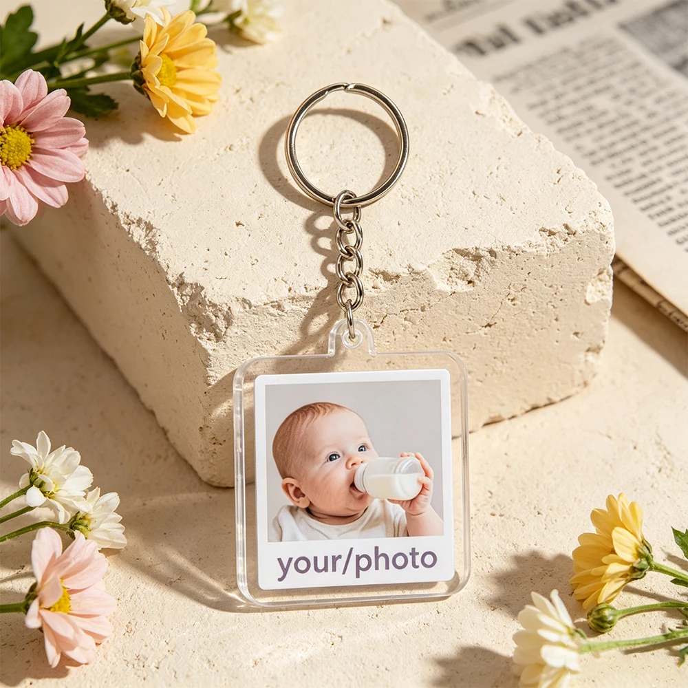Custom transparent acrylic keychain with QR code and custom text personalized names photo date durable square pendant best gifts
