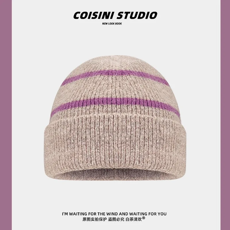 Japanische Retro-Trendmütze mit Streifenmuster, Strickmütze für Herbst und Winter, Outdoor-Wärmemütze mit Ohrenschutz, lässige Beanie-Mütze für Damen – Detail 3