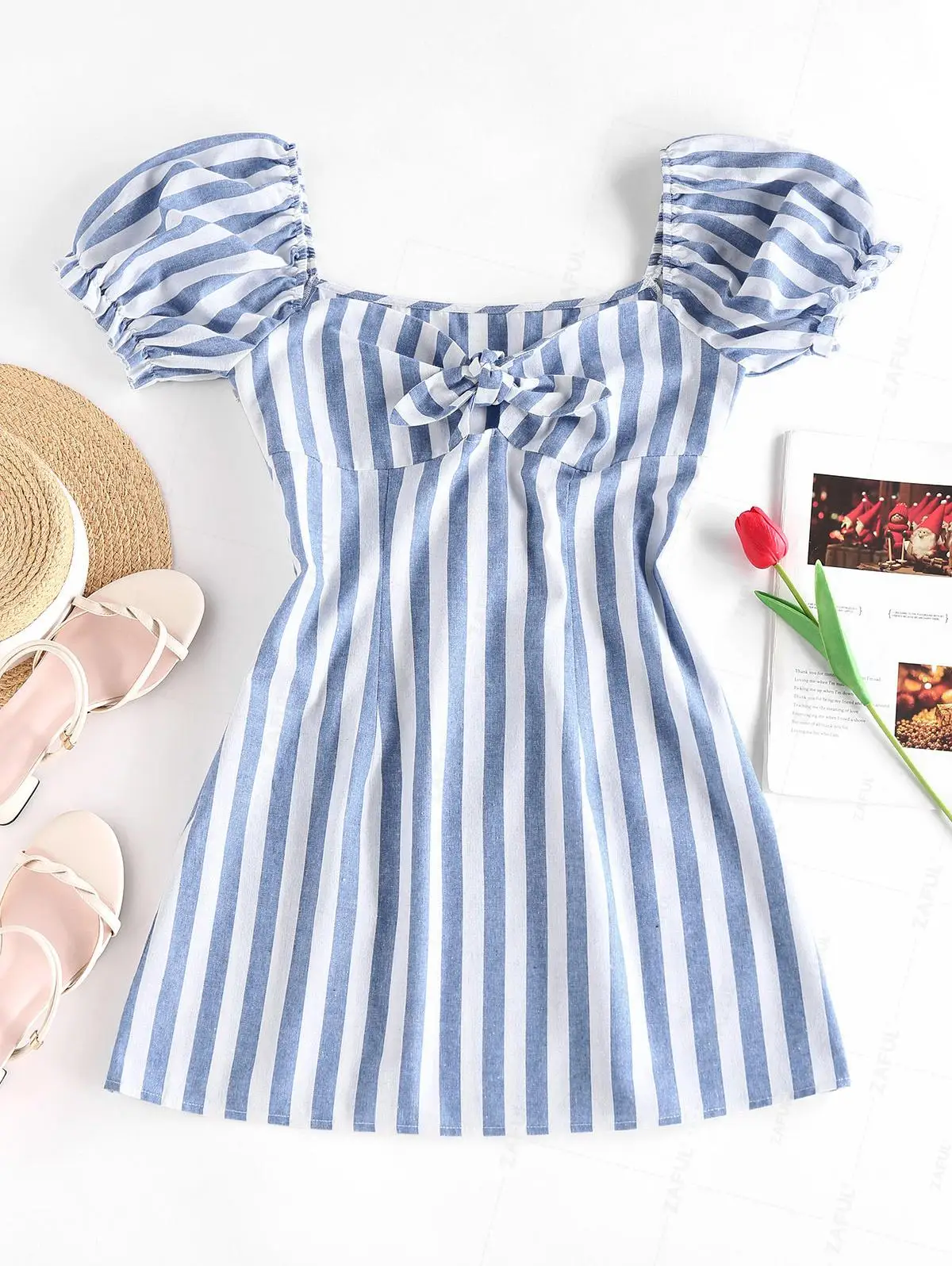 ZAFUL Striped Tied Ruffle Puff Sleeve Dress