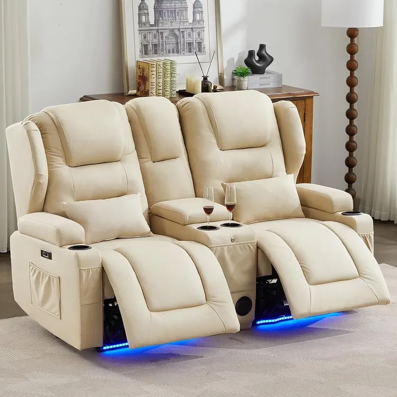 Power Loveseat Recliner Sofa with Adjustable Split Back USB Charging LED Lighting Home Theater Seating with Storage Cup