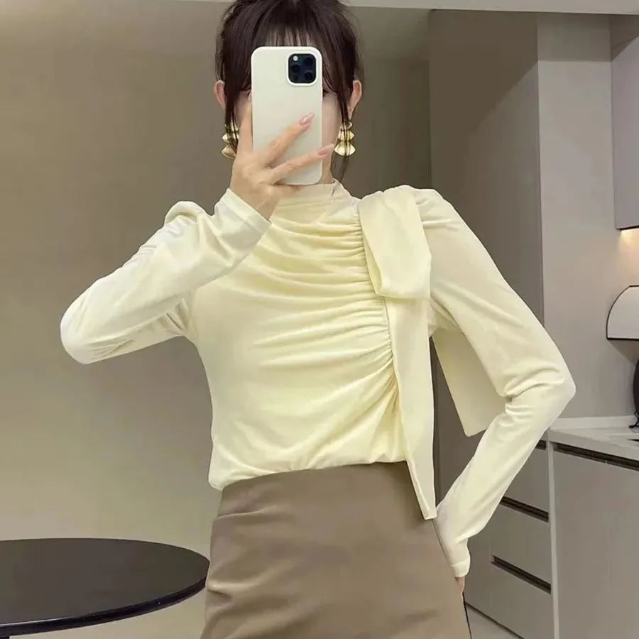 

Ele Velvet irt Women's Spring Autumn Knot Bubble Sve fling High Collar Pleated Top Commute Sle Slim Fit