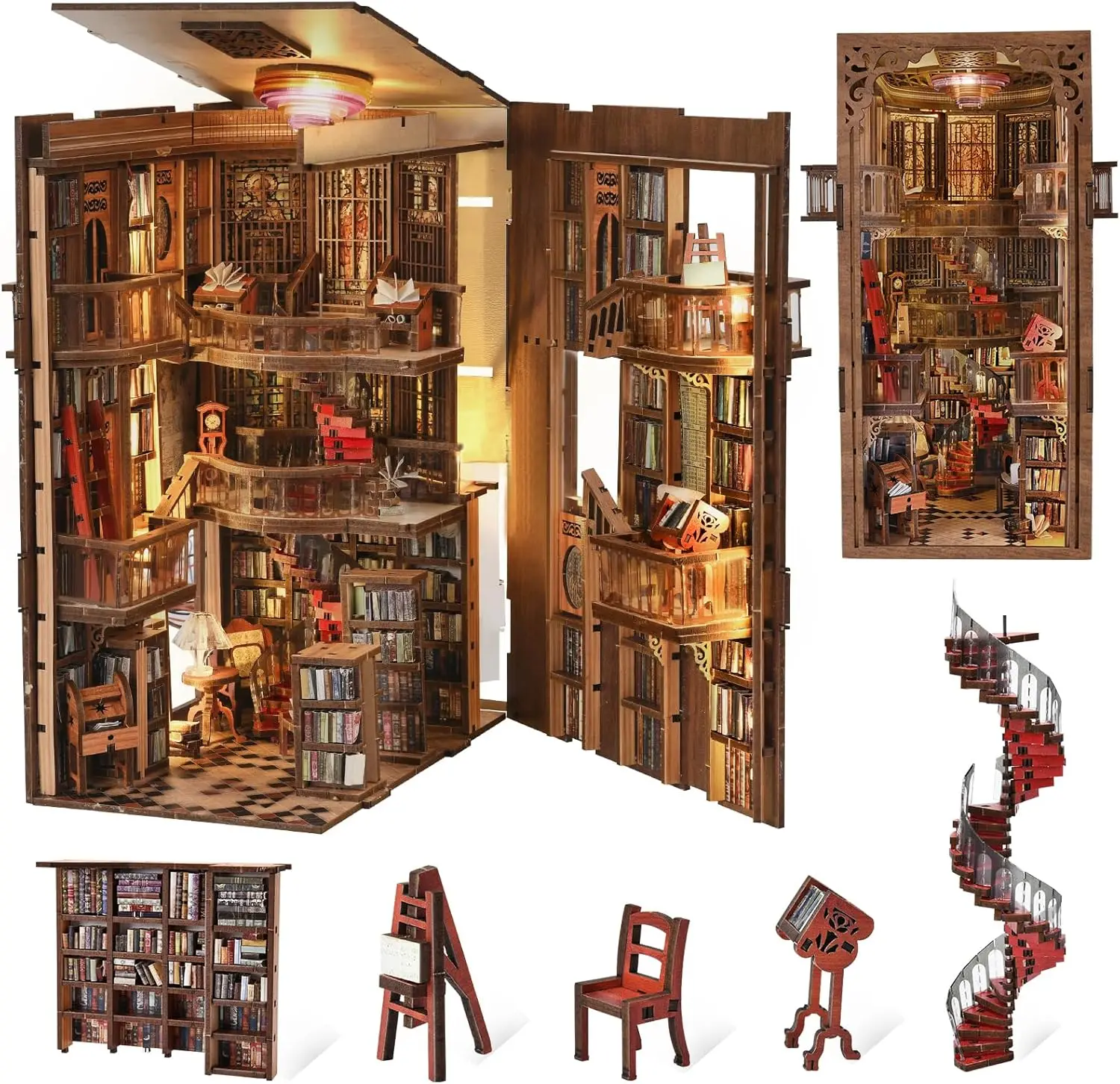 

DIY Miniature Library Book Nook Kit, 3D Wooden Puzzle Bookend with LED Light for Adults Teens