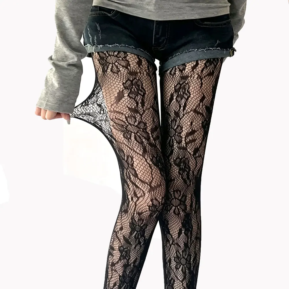 Women Retro Floral Jacquard Fishnet Pantyhose Black Hollow Out Lace Mesh Tights Y2K Gothic Stockings for Party Daily Wear