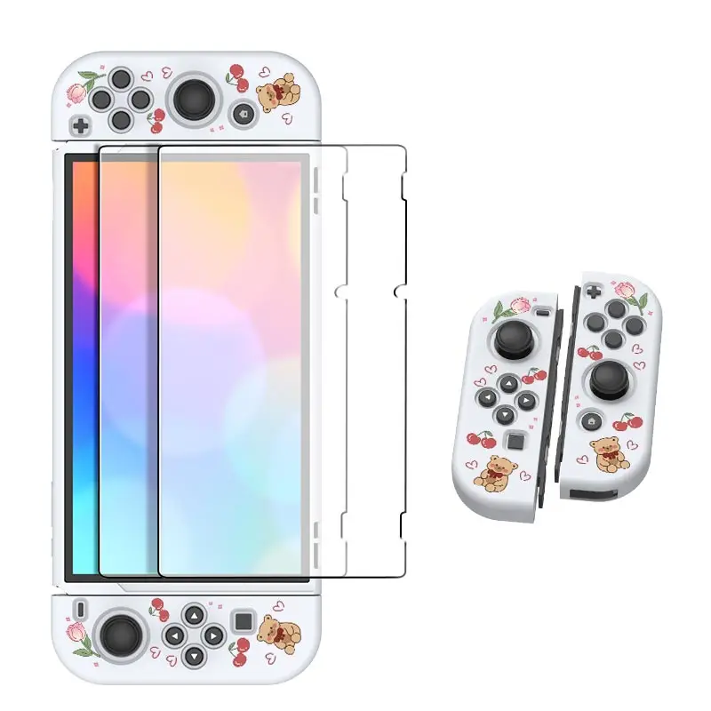 1 Pcs Love Flower Cherry Bear Case with 2 Tempered Glass Screen Protectors for Switch NS/Oled/Lite, Compatible with Switch Con