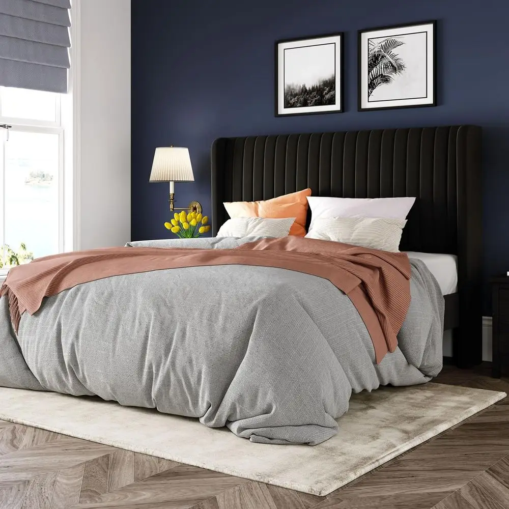 

Luxurious Velvet Queen Bed with Wingback Headboard, Upholstered Platform, Wooden Slats, No Box Spring, Easy Assembly, Black