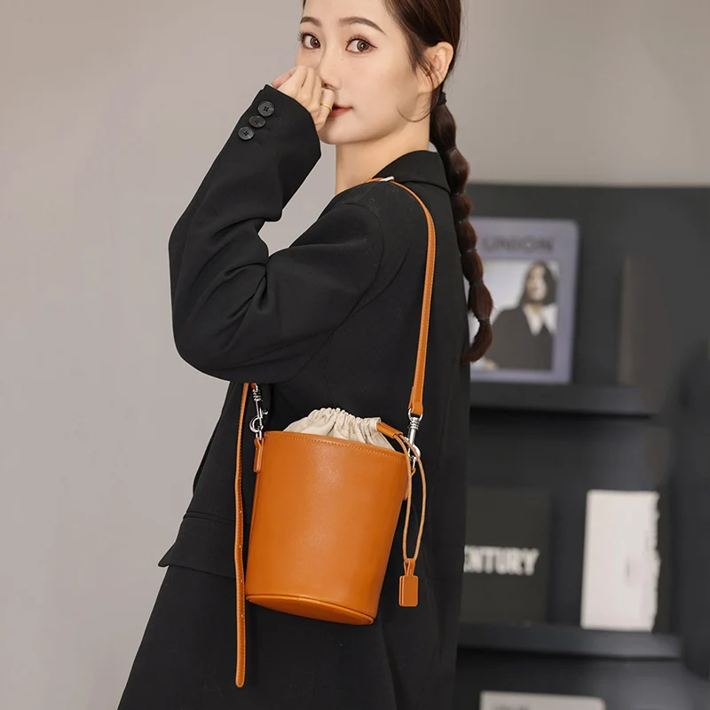 2024 Summer New Fashion Cylinder Bag for Women Split Leather Mini Underarm Shoulder Bag Lady Small Cross-body Messenger Handbag