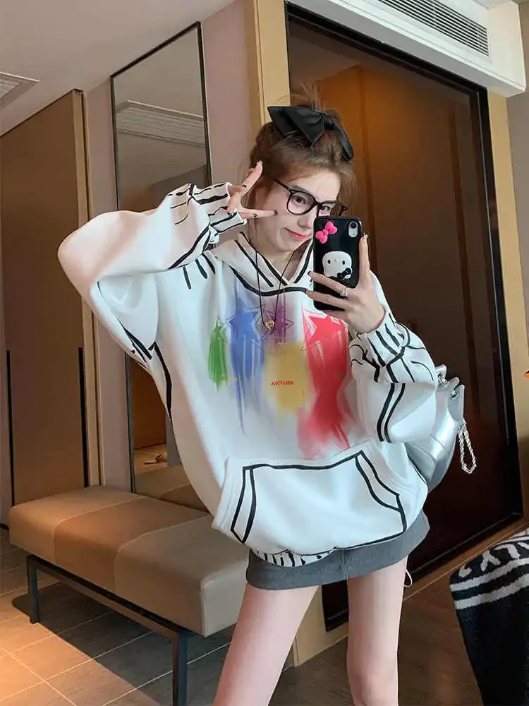 Warm Thick Hoodies Baggy Autumn and Winter Cold Loose Female Top White Graphic Women\'s Hooded Sweatshirts Korean Streetwear Y2k