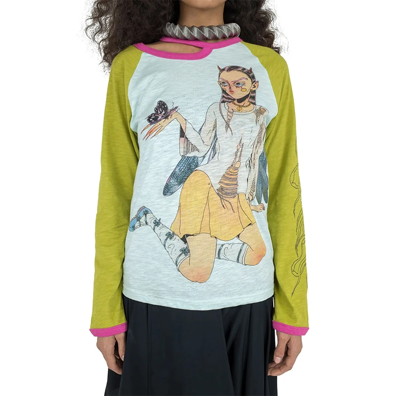 Y2K Heaven Personalized Dragonfly Print Long Sleeve Thin Cotton Bamboo T-Shirt Unisex Summer Commute Style Creative Cartoon