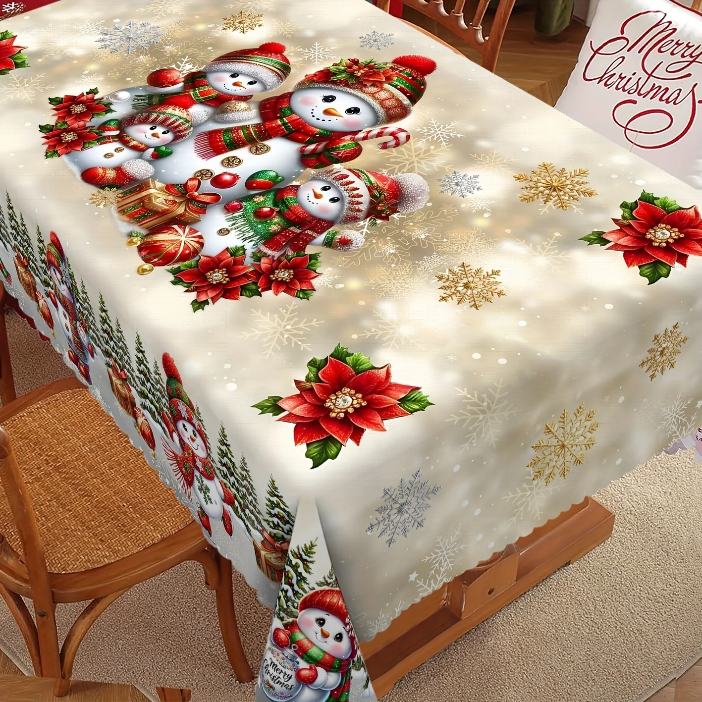 1pc 1 piece Christmas-themed tablecloth, featuring a design of a Christmas snowman and a Christmas tree with fuchsia flowerszyc