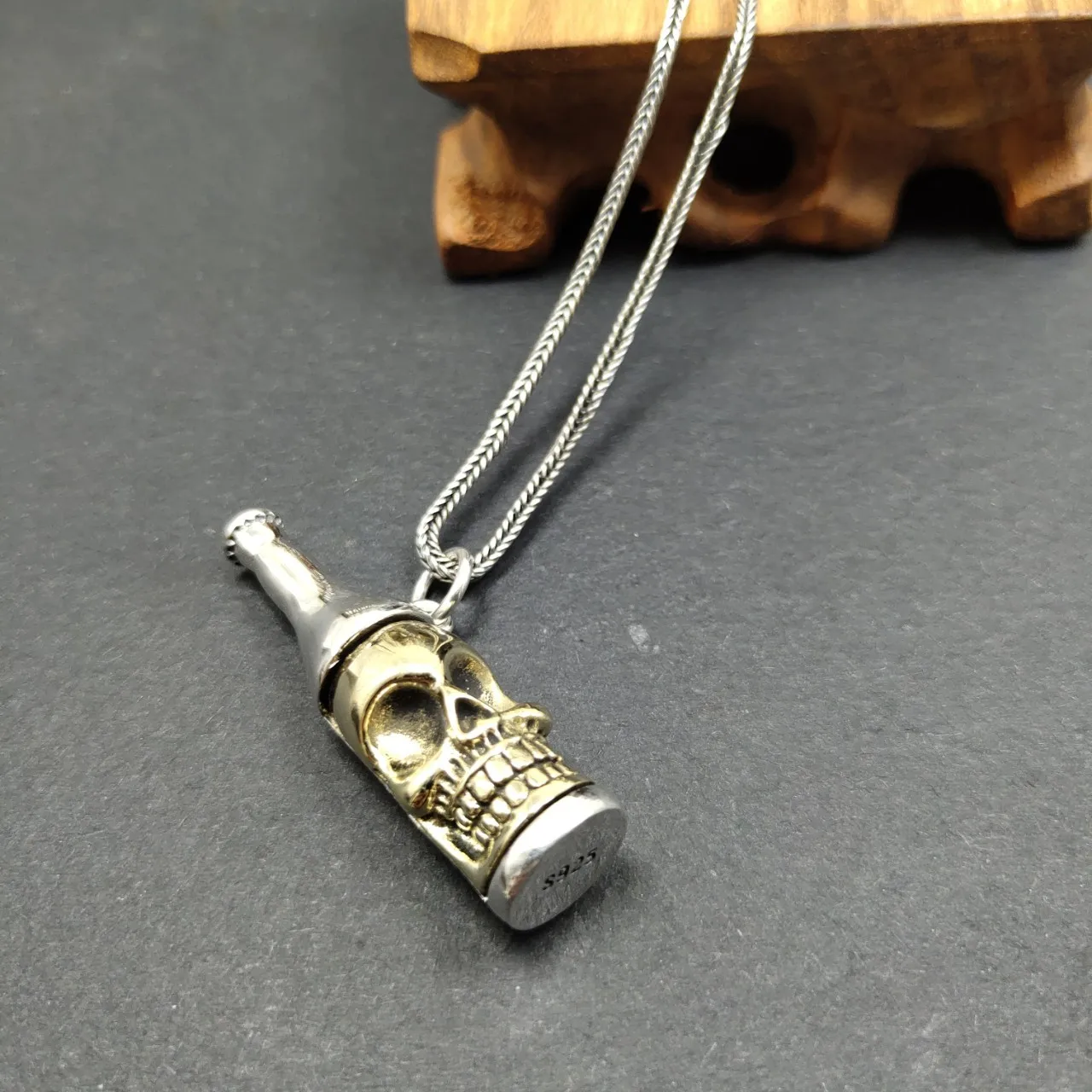 s925 sterling silver ornament male and female personality creative inlaid copper skull beer bottle pendant hipster fashion