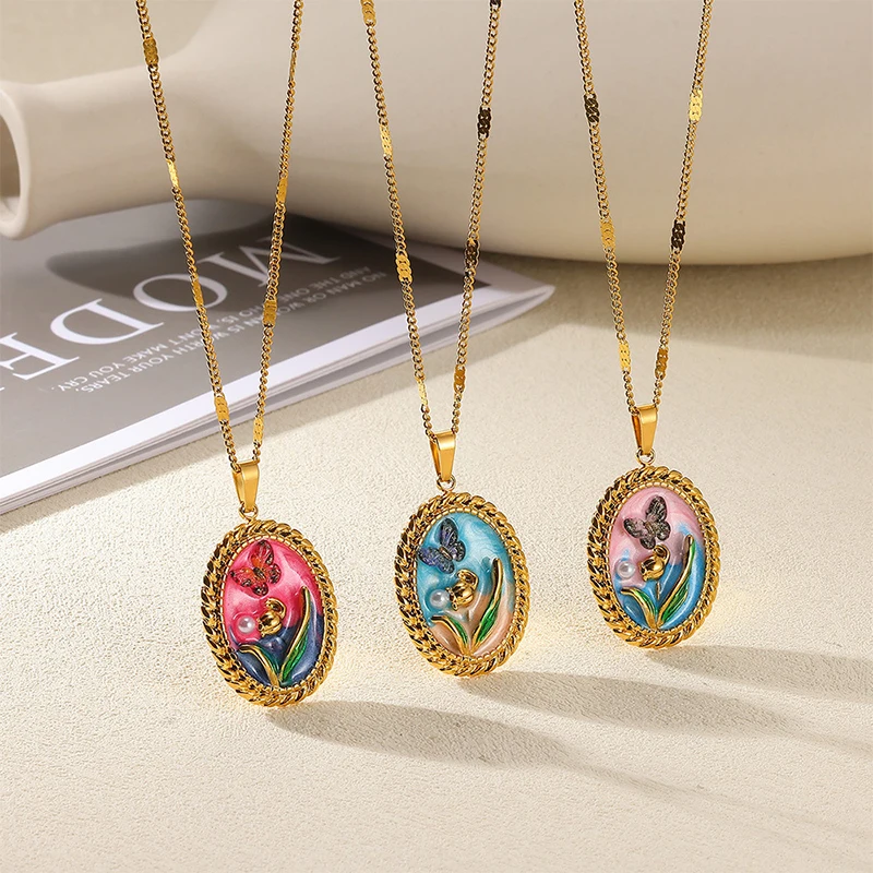 PRISCA |  Royal Style Painting Necklace Women Stainless Steel Romantic Jewelry Baroque Sweater Chain 2026