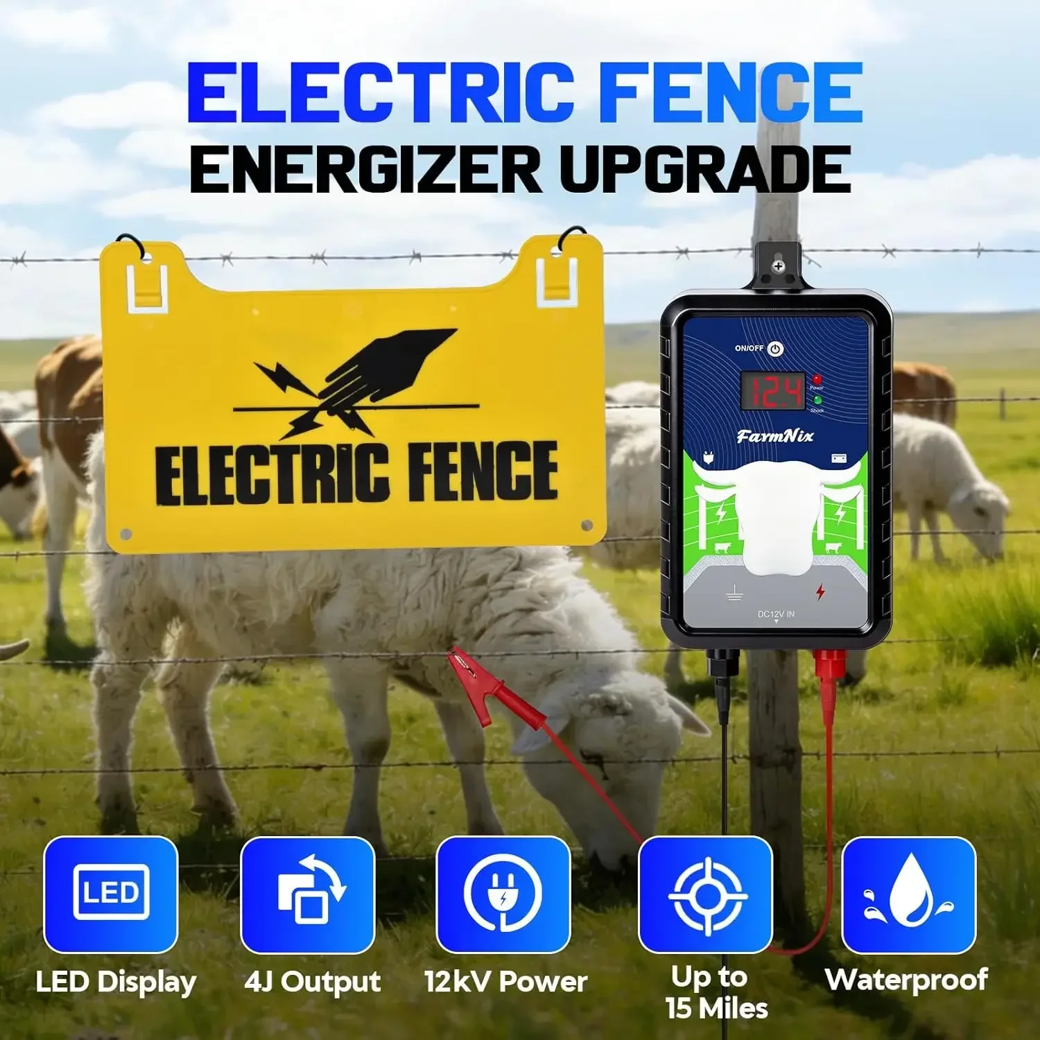 24KM/15 Miles Electric Fence, Animal Fence, Animals, Poultry Farming, Shepherd, Farm Fence Tool for Livestock 12KV High Voltage