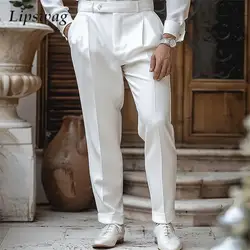 Business Male Casual Trousers 2025 Spring Summer Fashion Pleated Button Straight Suit Pants Men Vintage Solid Color Loose Pants