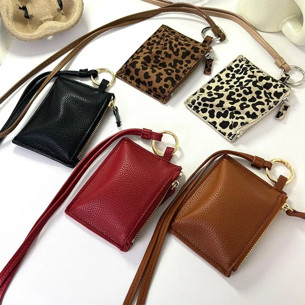 

PU Leather Leopard Print Coin Purse Hanging Neck Shoulder Bag Mini Storage Bag Solid Color Purse Pendant Accessories