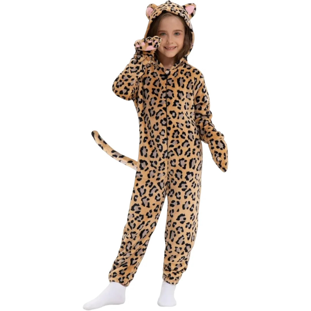 Animal Camouflage Jumpsuits Leopard Cat Children Kigrumi Kids Fleece Onesie Costume For Carnival Party