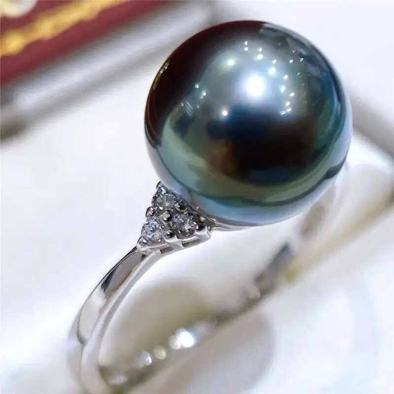 Designer Large AAAA + 10-11mm Natural, Tahitian Black Round Women's Pearl Ring 925 Silver