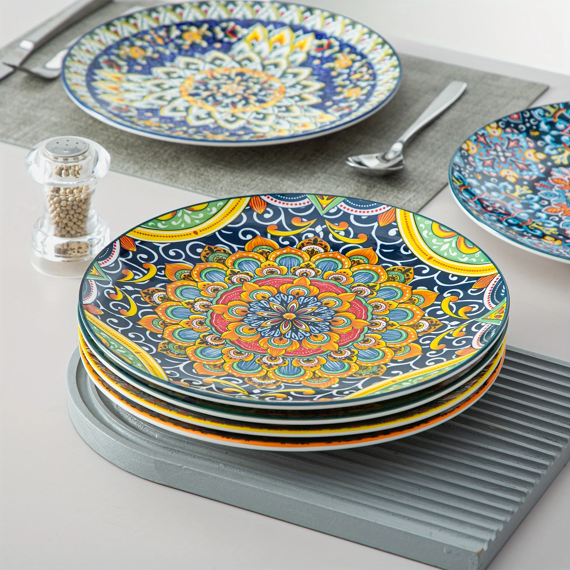 

10.5 Inch Colorful Bohemian Style Dinner Plates, Set Of 6