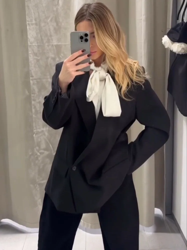 HH Women Fashion Double Breasted Pocket Lapel Design Black Blazer Coat Woman Long Sleeves Casual Loose Elegant Street Coat