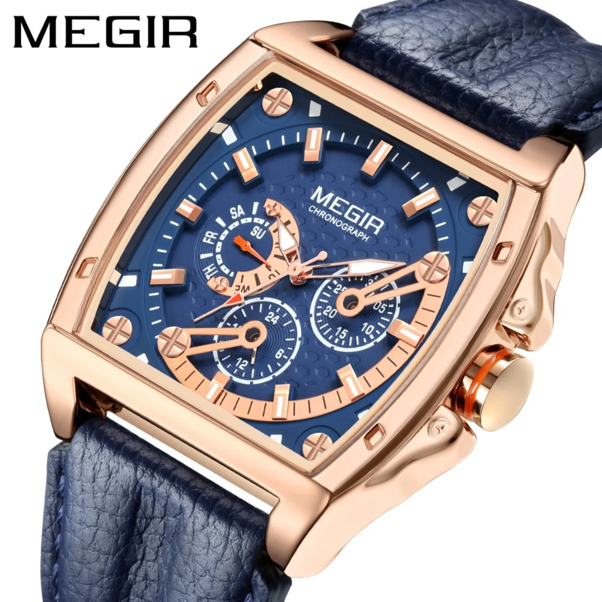 MEGIR Luxury Brand Watches Chronograph for Mens Leather Band Large Dial Quartz Sports Wristwatch Week 2204 Gifts Friends