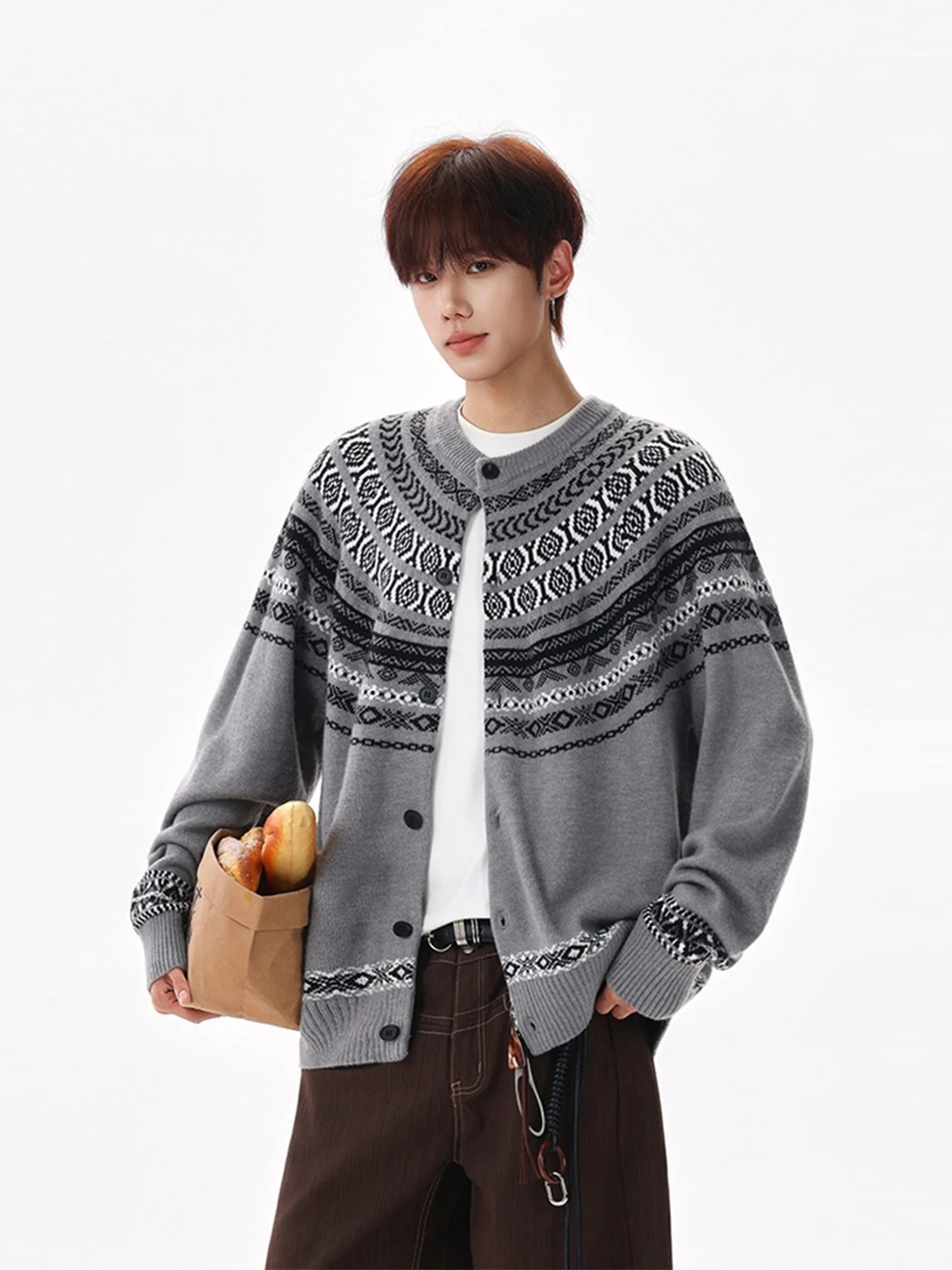 

Американский вязаный кардиган унисекс в стиле Fair Isle, теплый свитер для пар, с вышивкой, модный, зимний
